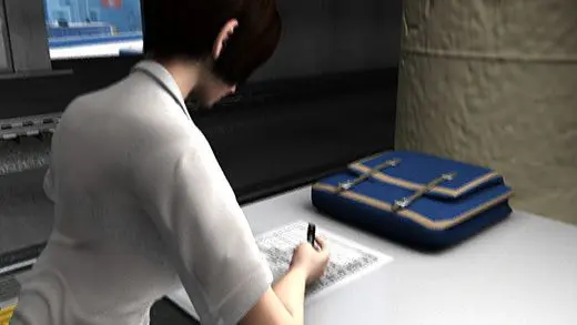 クレープ屋の会員登録用紙を書いている激ミニちゃん。机の脚の部分がピカピカの鏡なせいで、スカート内が前から丸見えだった件。(PV:水色しましまパンティ編)(Libido-Labo) - FANZA同人