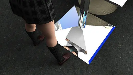 クレープ屋の会員登録用紙を書いている激ミニちゃん。机の脚の部分がピカピカの鏡なせいで、スカート内が前から丸見えだった件。(PV:水色しましまパンティ編)(Libido-Labo) - FANZA同人