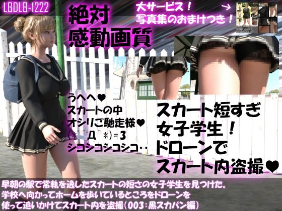 早朝の駅で常軌を逸したスカートの短さの女子学生を見つけた。学校へ向かってホームを歩いているところをドローンを使って追いかけてスカート内を盗撮（003:黒スカパン編）(Libido-Labo) - FANZA同人