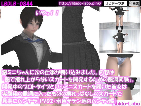 激ミニちゃんに次の仕事が舞い込みました。内容は「風で捲れ上がらないスカートを開発するための風洞実験」。開発中のプロトタイプというミニスカートを履いた彼女は実験用の風洞に入ったものの捲れっぱなしのスカートで見事にパンチラ（PV02:水色サテン地パンティ編）(Libido-Labo) - FANZA同人