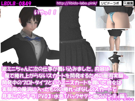 激ミニちゃんに次の仕事が舞い込みました。内容は「風で捲れ上がらないスカートを開発するための風洞実験」。開発中のプロトタイプというミニスカートを履いた彼女は実験用の風洞に入ったものの捲れっぱなしのスカートで見事にパンチラ（PV03:水色サテン地Tバックパンティ編）(Libido-Labo) - FANZA同人