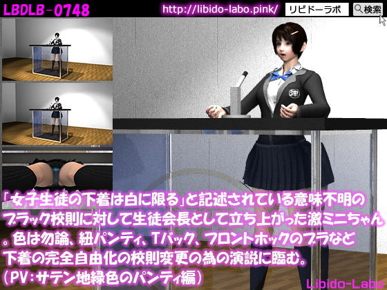 「女子生徒の下着は白に限る」と記述されている意味不明のブラック校則に対して生徒会長として立ち上がった激ミニちゃん。色は勿論、紐パンティ、Tバック、フロントホックのブラなど下着の完全自由化の校則変更の為の演説に臨む。（PV:サテン地緑色パンティ）(Libido-Labo) - FANZA同人