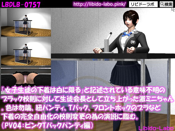 「女子生徒の下着は白に限る」と記述されている意味不明のブラック校則に対して生徒会長として立ち上がった激ミニちゃん。色は勿論、紐パンティ、Tバック、フロントホックのブラなど下着の完全自由化の校則変更の為の演説に臨む。（TPV01:ピンクTバック）(Libido-Labo) - FANZA同人