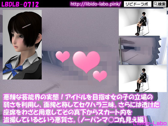 悪辣な芸能界の実態！アイドルを目指す女の子の立場の弱さを利用し、面接と称してセクハラ三昧。さらには透けた座席をわざと用意してその真下からスカート内を盗撮しているという悪質さ。（ノーパンマ○コ丸見え編）(Libido-Labo) - FANZA同人