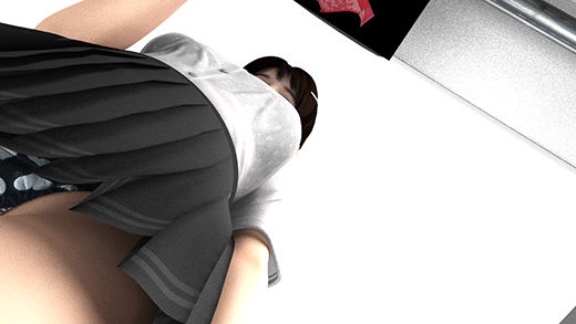 【★新技術！】早朝の電車内で通学中とおぼしき超・スカートの短い女子学生に遭遇。勃起に気付かれないかと思うくらいエロかったが、不自然に彼女のどまんまえに座ったサラリーマン風の男がスマホでスカート内盗撮をしていた。（超リアルパンティ（黒ハート）編）(Libido-Labo) - FANZA同人