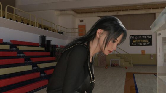 二階堂沙耶・2月初旬、これから大学受験に臨む在校生のための壮行会で学業成績学年一番の代表として壇上に立ち、演説した（演説後に書類を落として拾っていたところをドスケベ放送部の暗躍によりスカート内逆さ撮り盗撮の被害に遭う:PV02・水色シマシマサテン地フルバックパンティ編）(Libido-Labo) - FANZA同人